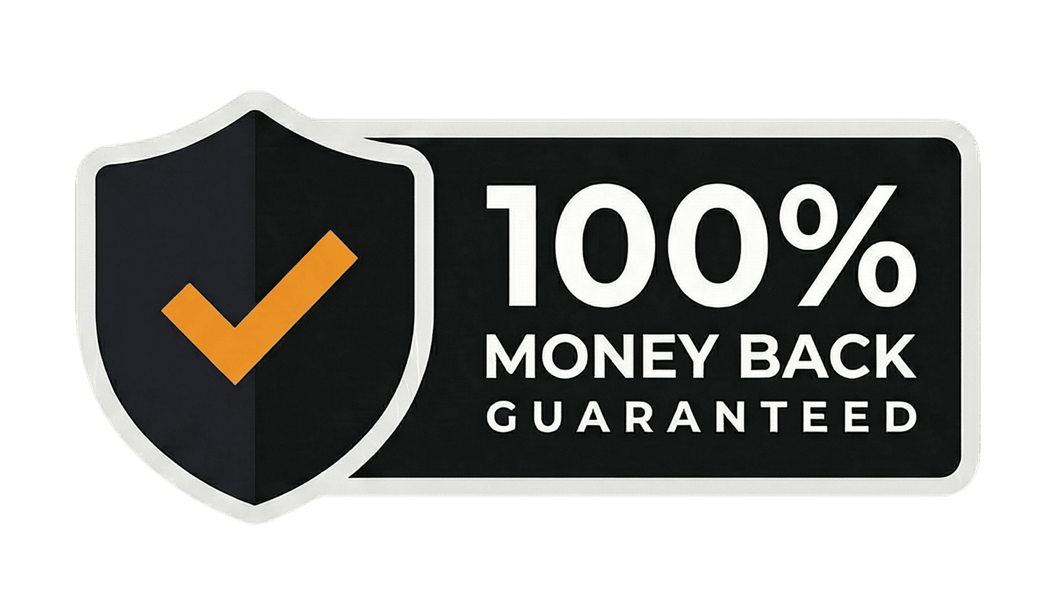 100% money back guarantee badge with a shield and checkmark on a green background 
