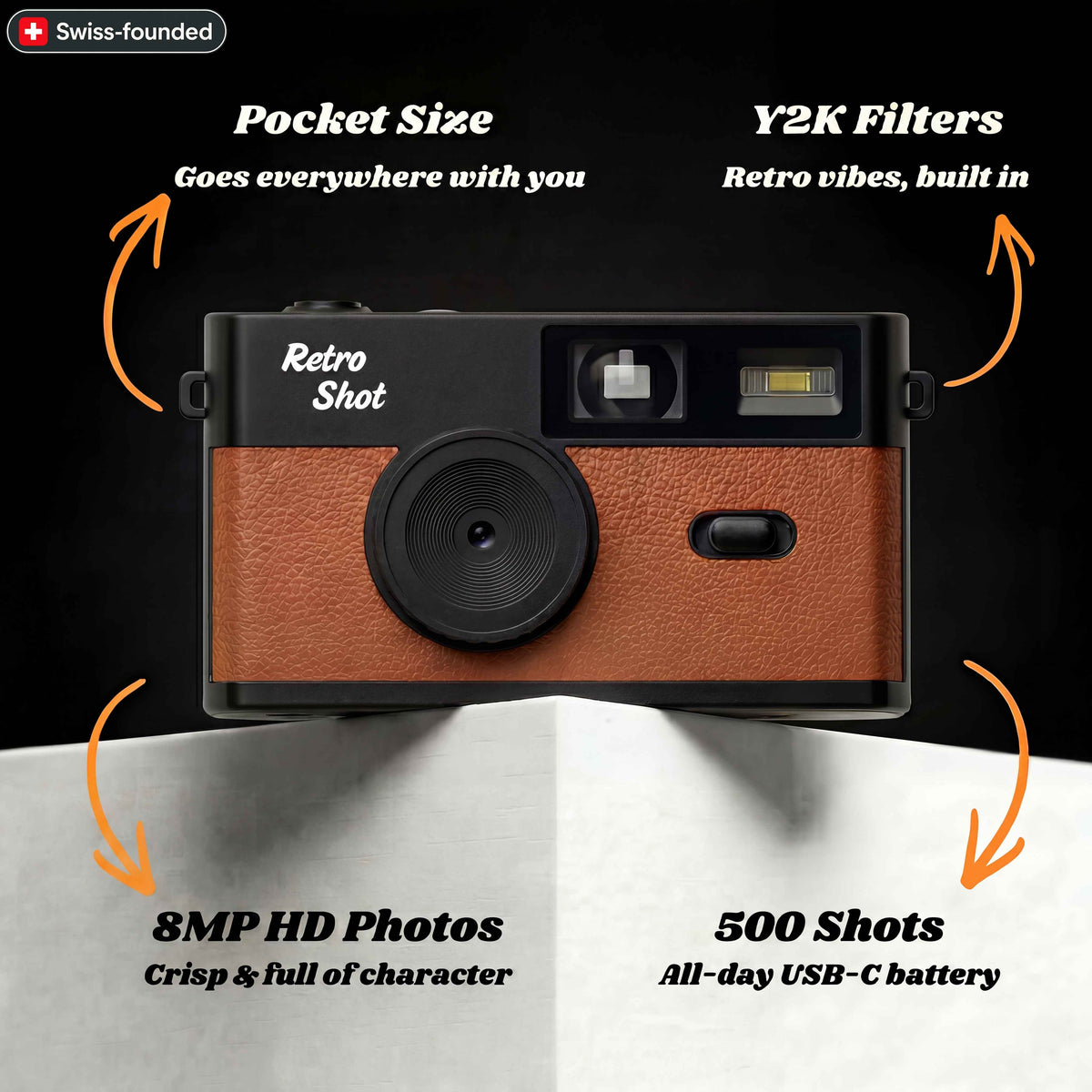 Retro-style camera with features highlighted on a black background