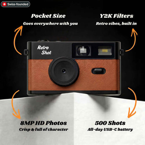 Retro-style camera with features highlighted on a black background