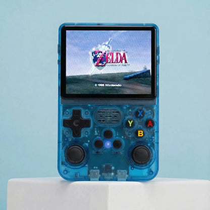 Blue handheld gaming console with 'The Legend of Zelda' game displayed on screen against a light blue background.