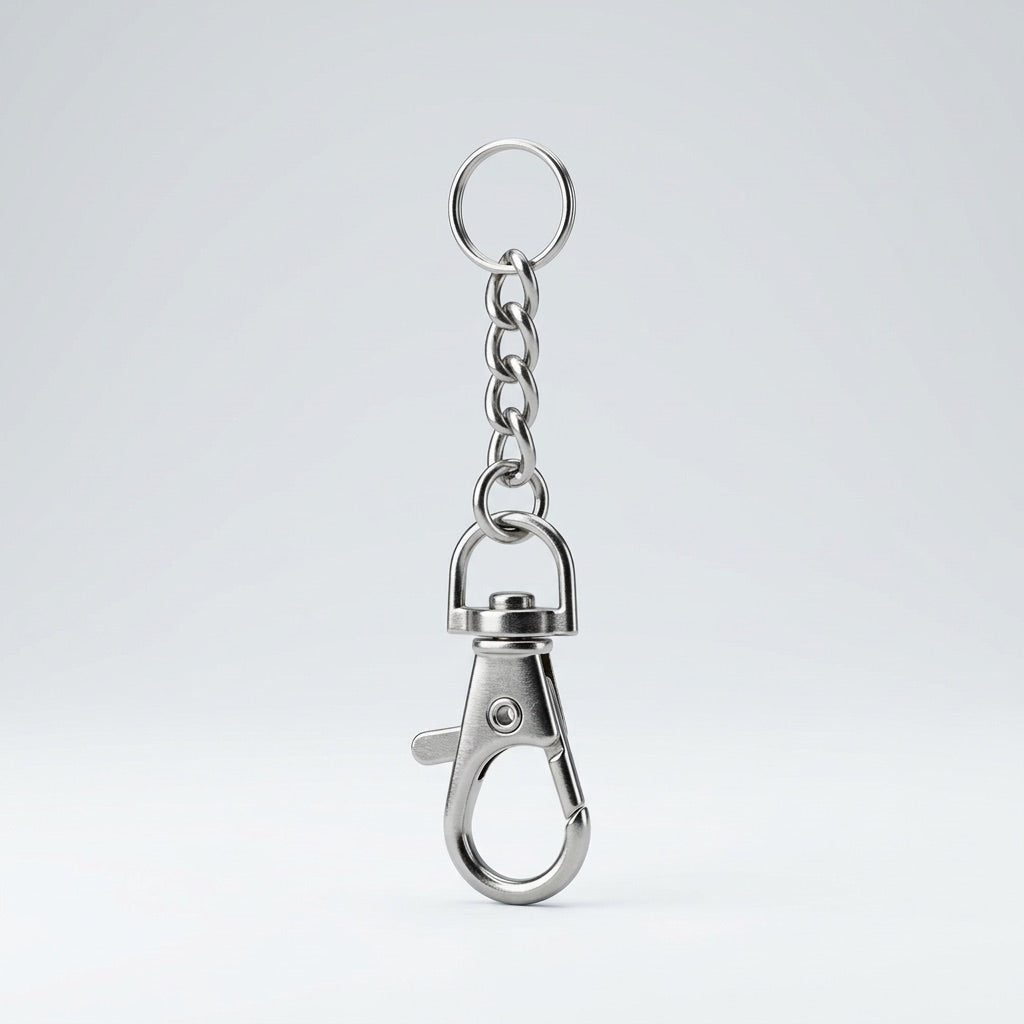 Metallic keychain with clasp on a light gray background