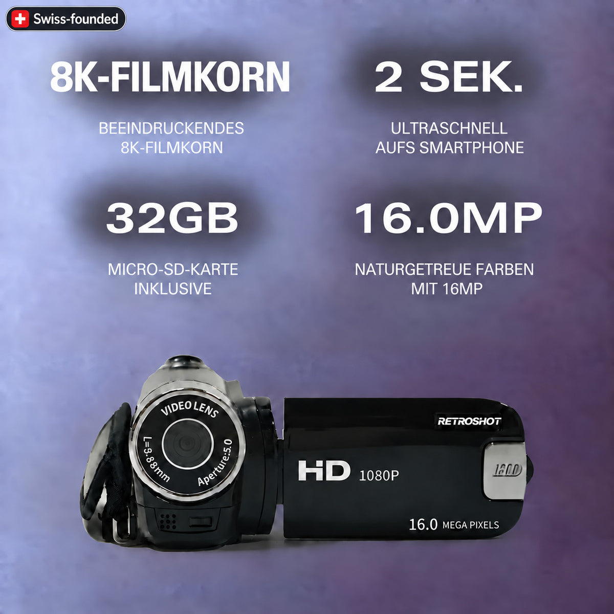 RetroShot Camcorder in Schwarz mit Produktinformationen und mitgelieferter 32-GB-Speicherkarte