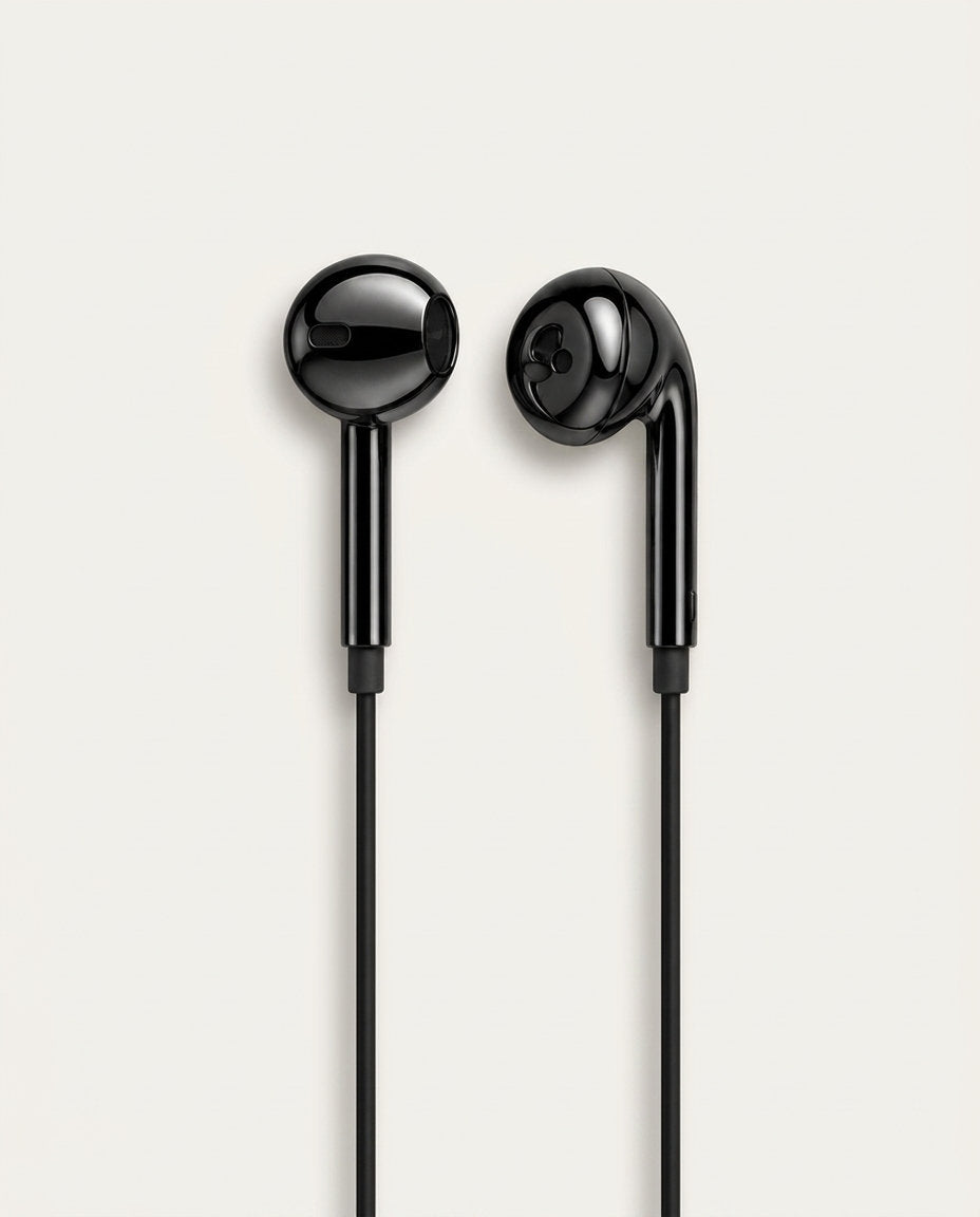 Black chrome wired earbuds, front detail