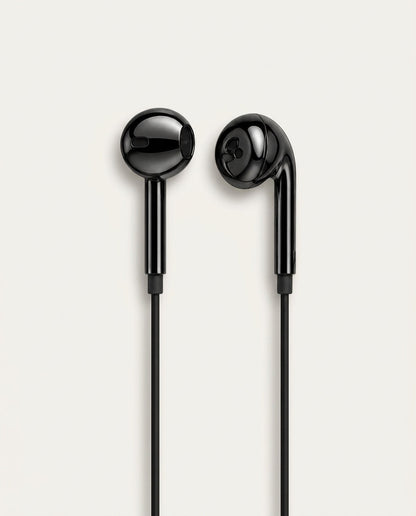 Black chrome wired earbuds, front detail