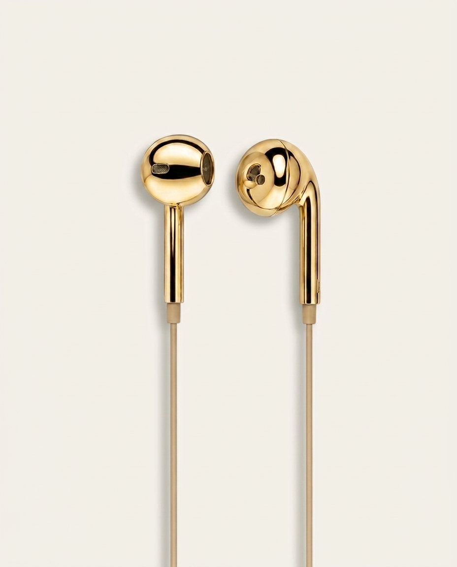 Gold chrome wired earbuds, front detail