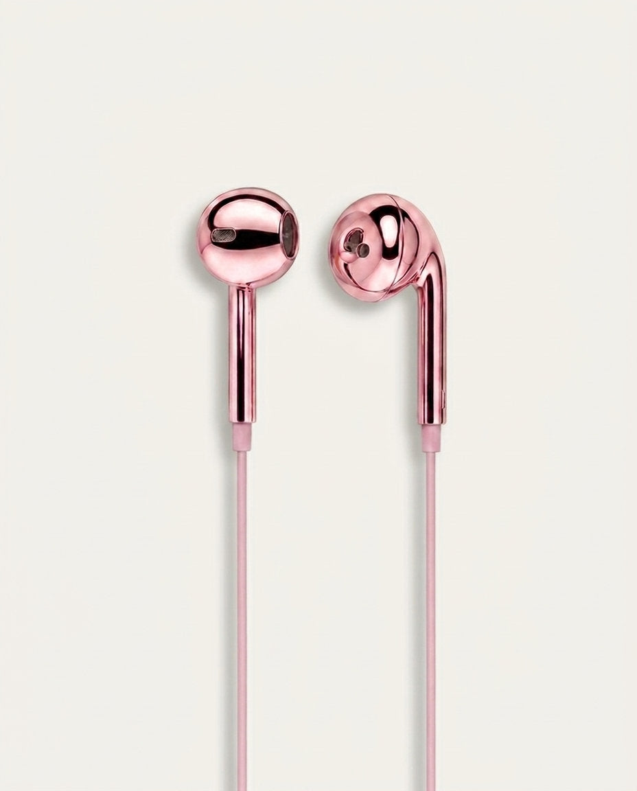 Pink chrome wired earbuds, front detail