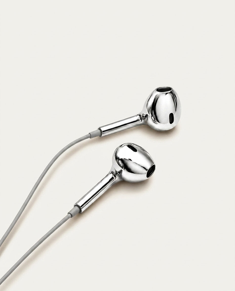 Silver chrome wired earbuds