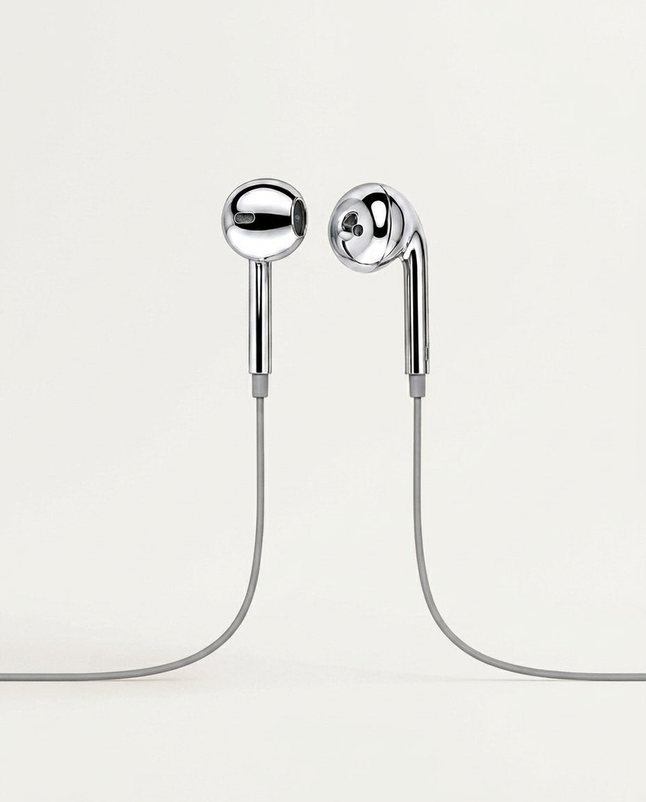 Silver chrome wired earbuds, front detail