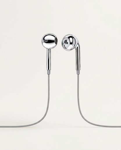 Silver chrome wired earbuds, front detail