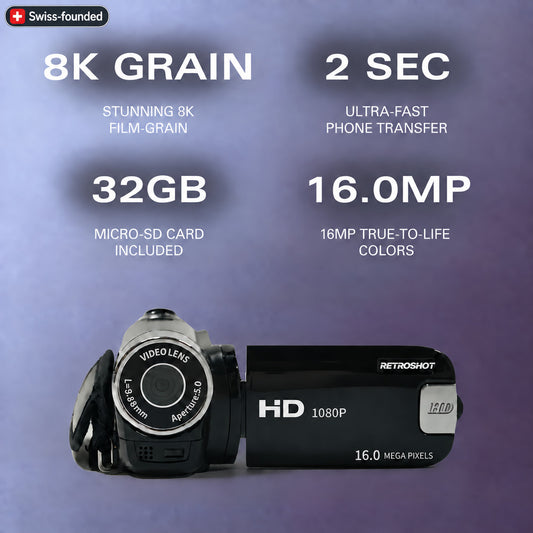 RetroShot Camcorder in black with product information and included 32GB memory card